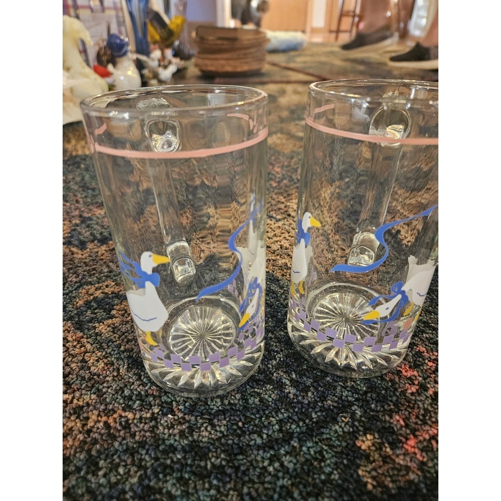 2 Libbey Country Geese Pink Heart Stein Mugs Set Vintage Clear Blue Ribbons